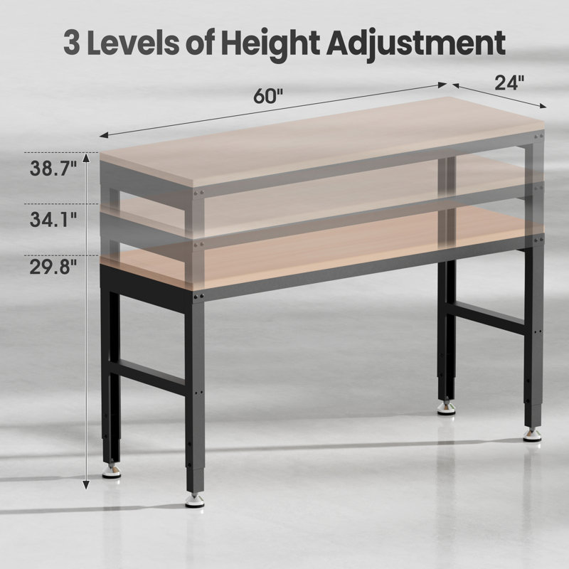 60" Adjustable Workbench，Heavy Duty Wood Work Bench 2000 Lbs Load Capacity,Work Table for Garage, Workshop, Office, Home