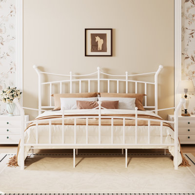 Retro Style Teen Girls Dream Crown Shaped Metal Platform Bed, No Box Spring Needed