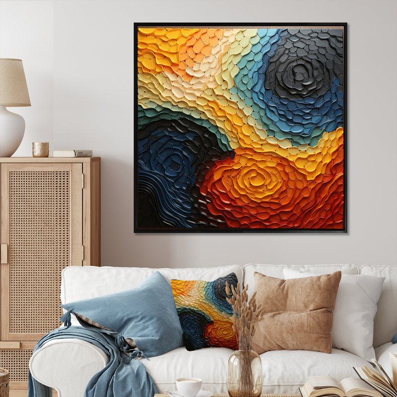 «Teal Orange» Op Art Rhythmic Illusion I, H 16 po x l 16 po x P 1 po, Cadre flottant noir