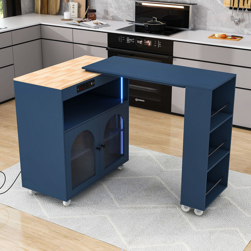 Rolling Kitchen Island with Extended Table, Kitchen Island with LED Light, Power Outlets and Storage, Navy