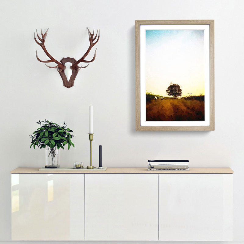 Lone Tree at Dusk Abstract Art - Picture Frame Graphic Art Print, 50cm H x 35cm W x 2cm D, Oak