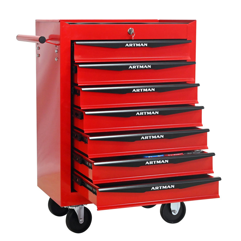 Coffre à outils roulant en métal avec 7 tiroirs, Rouge / Noir