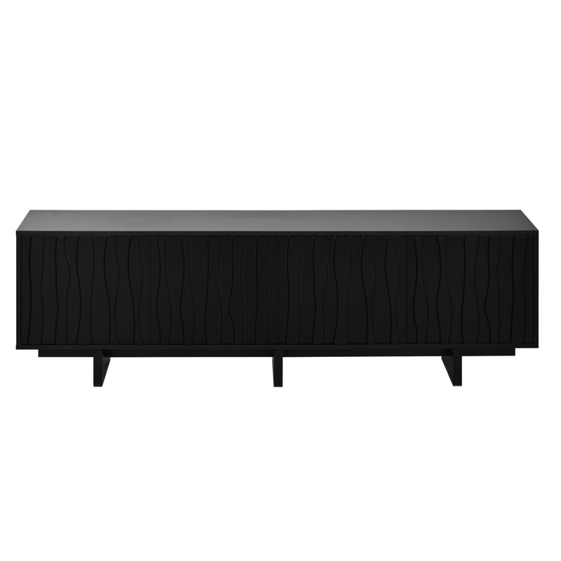 Console média noire avec motifs de grain de bois naturel et conception ondulée, pour téléviseurs de 75 po ou moins, porte de rangement pour câbles