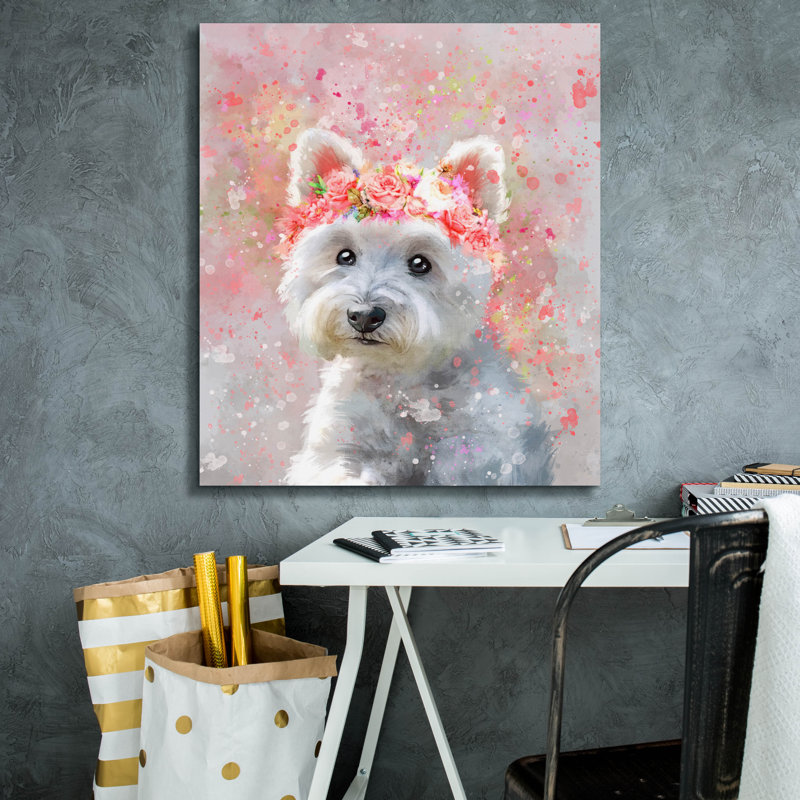 «Flower Crown West Highland Terrier 2» par Furbaby Affiliates, art mural sur toile, H 30 po x l 26 po x P 1,5 po