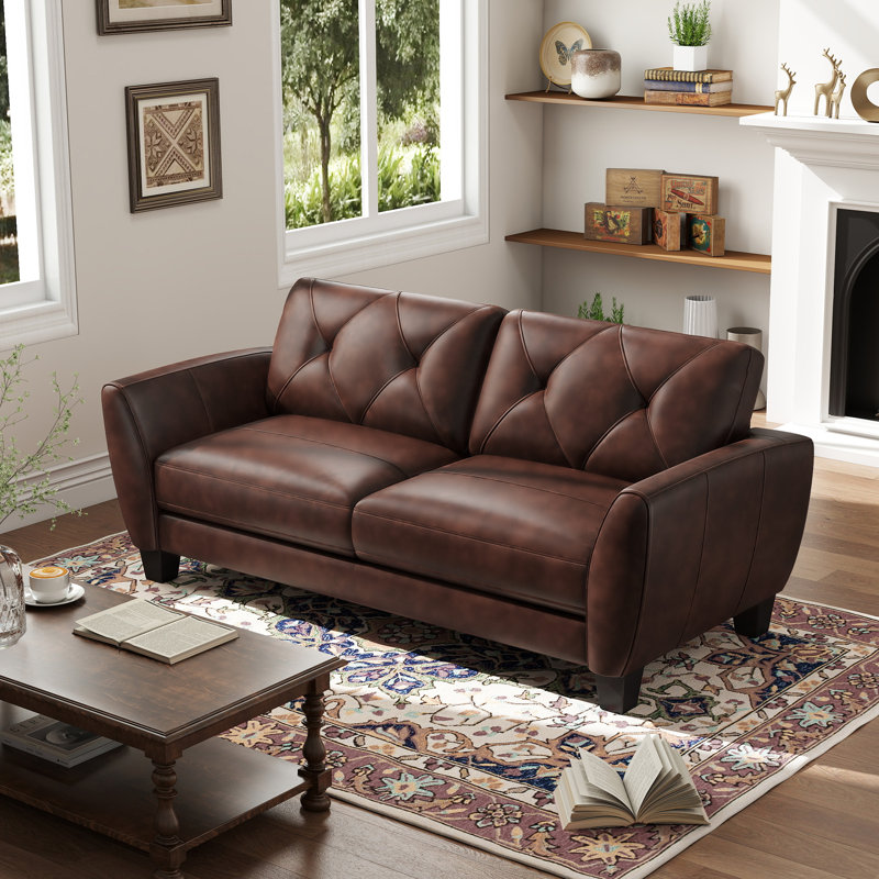Wayna Classic Luxury Upholstered Top Genuine Leather Sofa with Solid Wood Frame, Brown, 35" H x 82" W x 36"D