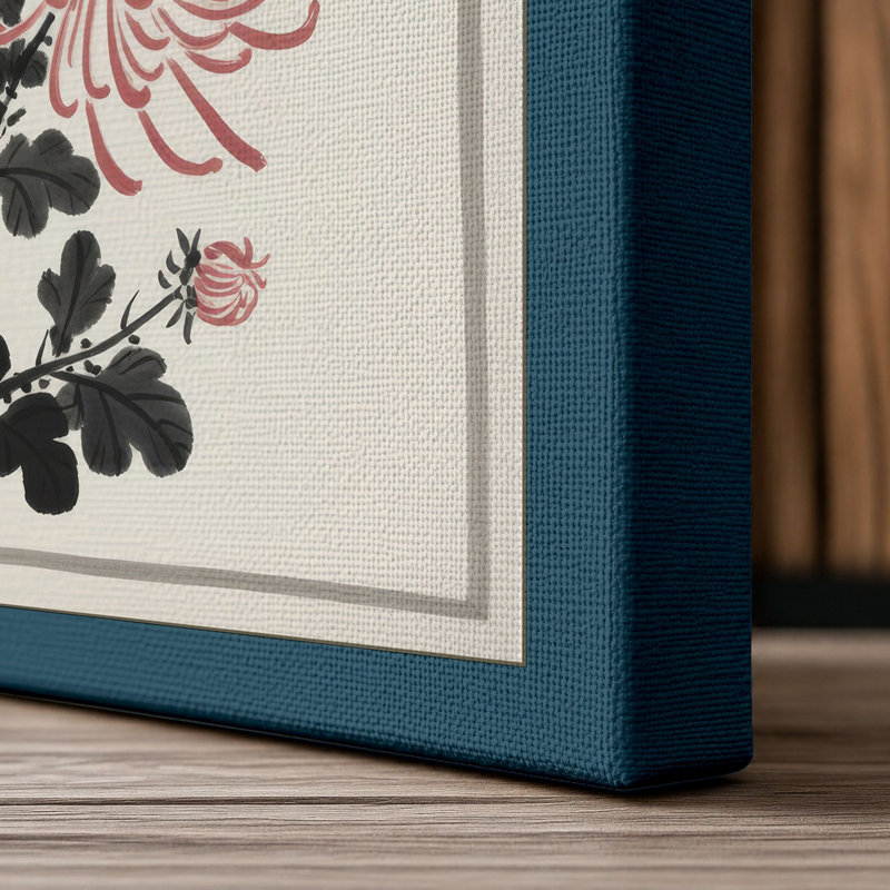 Chrysanthemum Study Japandi - Wrapped Canvas, 36x24 - 91.4 x 61.0 cm, Teal Border