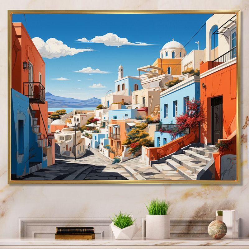 «City Athens Popart III», reproduction sur toile, Cadre flottant doré, H 16 po x l 32 po x P 1 po