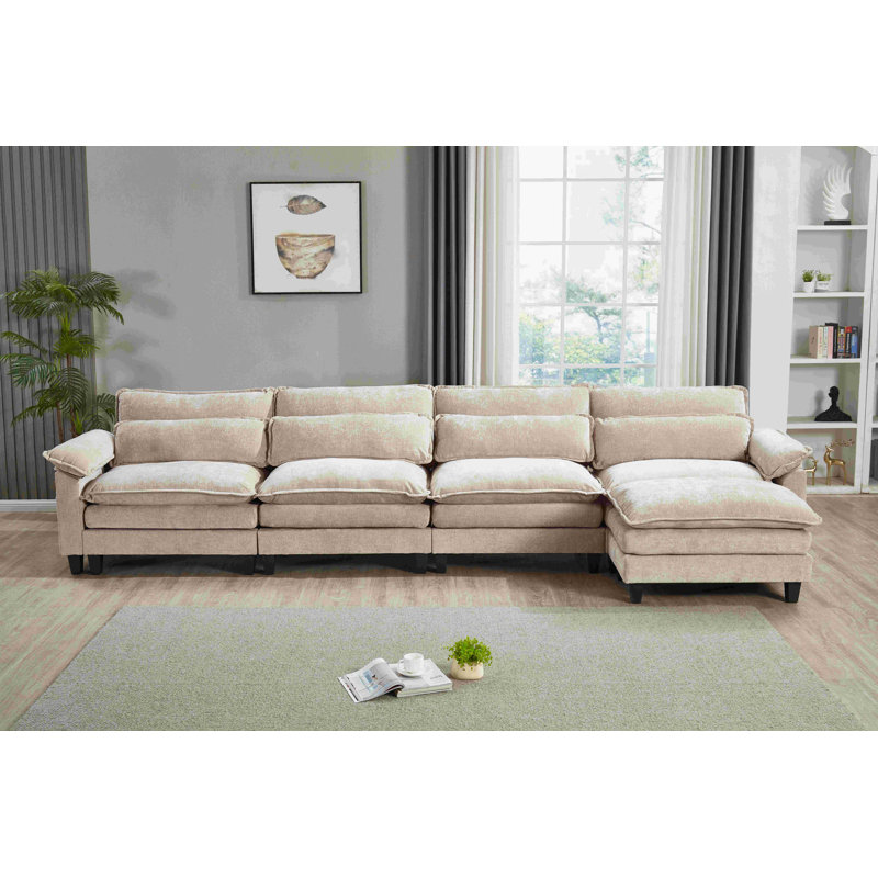 Canapé modulaire en L avec repose-pieds Luqi, Chenille clair chameau, H 35,8 po x l 150,4 po x P 52,4 po
