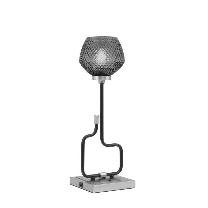 Lampe décorative Amarmula, avec ports USB, noir mat et finition graphite, verre texturé fumée 6 po, Argent argent