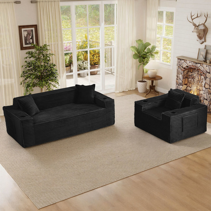 Ensemble de salon moderne 2 pièces avec fauteuil et canapé, Noir