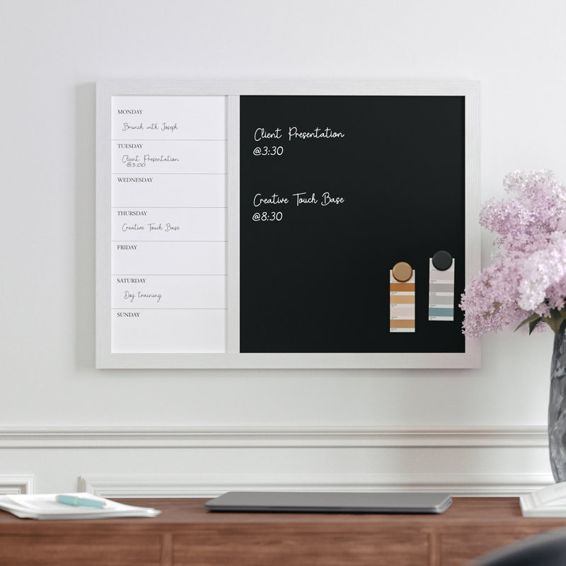 Thomas Martha Stewart Magnetic Weekly Calendar Dry Erase Board and Chalk Board with Liquid Chalk Marker, White