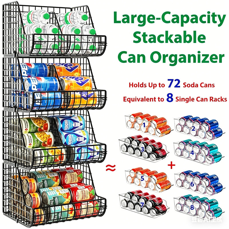 Stackable Soda Can Organizer Stores Up to 72 Cans, 4-Pack Can Storage Organizer for Pantry Shelves, 4-Tier Kitchen Can Holders with 4 Adjustable Dividers, Wire Drink Organizer for Pantry Cabinet Shelf