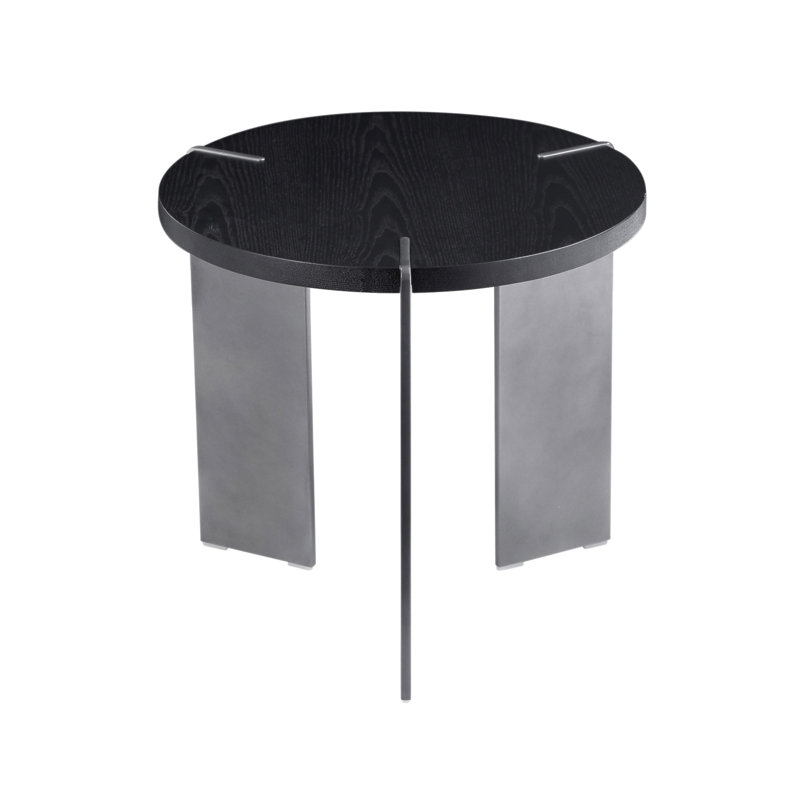 Round Coffee Table Black Oak Wood Surface And Black Metel Feet, Black, Black