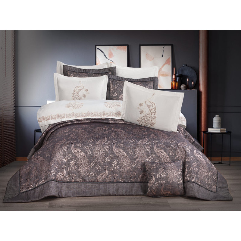 Ensemble de couvre-lit en polyester, Couvre-lit très grand / 5 pièces supplémentaire, Gris / cachemire rose