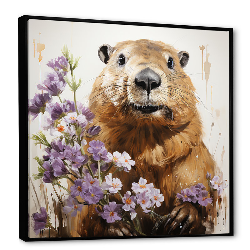 «Brown Tranquil Wetland Beaver Blooms», art mural animaux, Cadre flottant noir, H 30 po x l 30 po