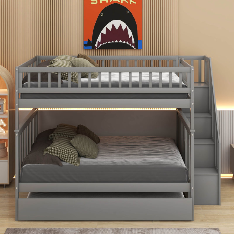 Full Over Full Bunk Bed With Trundle, Gray