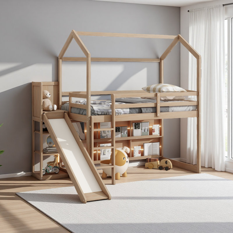 Lit mezzanine simple en bois avec glissoire, tablettes de rangement et lumière, Bois