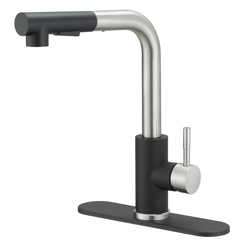 Robinet de cuisine extractible à poignée simple avec plaque de pont et conduites d'alimentation, Noir / nickel