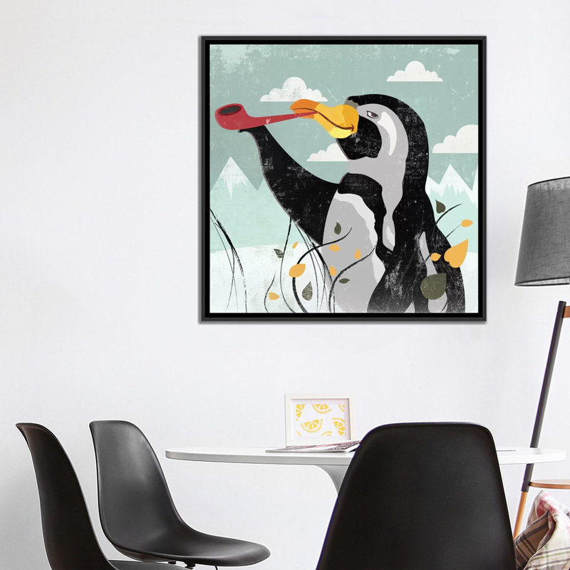 « pingouin à la toile », impression sur toile, H 18 po x l 18 po x P 1,5 po, Toile avec cadre noir, Pas de tapis
