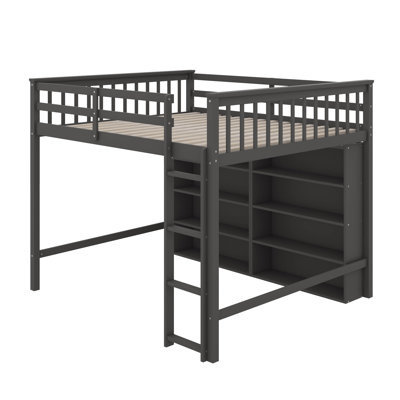 Lit mezzanine double avec 8 tablettes ouvertes