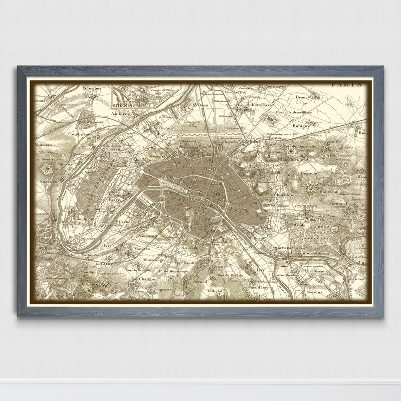 « custom sépia map of paris » par paul cezanne-cadre photo, impression, H 22 po x l 16 po x P 1 po, Toile avec cadre