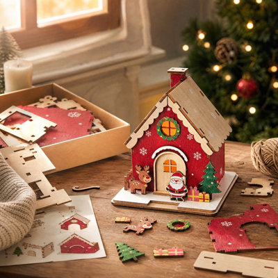 DIY LED Light Up 3 D Wooden Christmas House Puzzle Tabletop Xmas Decoration Holiday Christmas Gift for Adults Christmas Decor Gifts