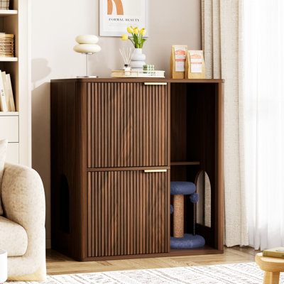 Walnut Cat Litter Cabinet With 31.5 - Inch Depth, Tree, And Dual Doors. It Conceals Box In A Functional Stylish Way, Offers Two Entry Points For Cats, Has Built Shelf Storage. Wood Construction Long