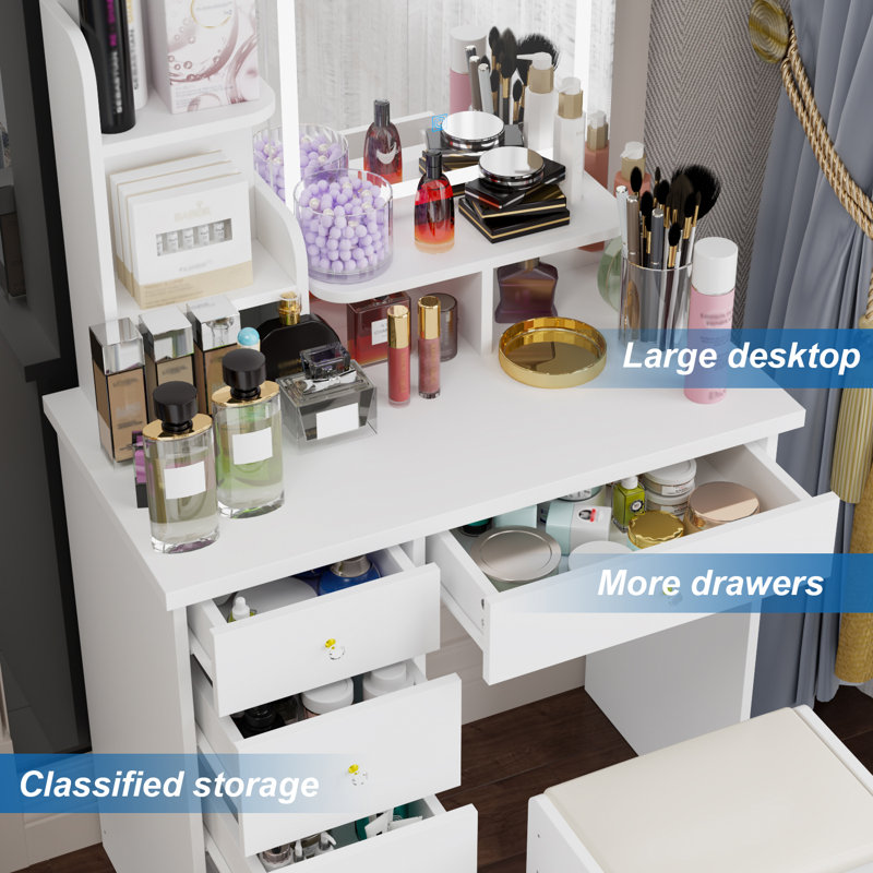 Moriah 55.1'' H Makeup Vanity Set with Stool and Mirror, White