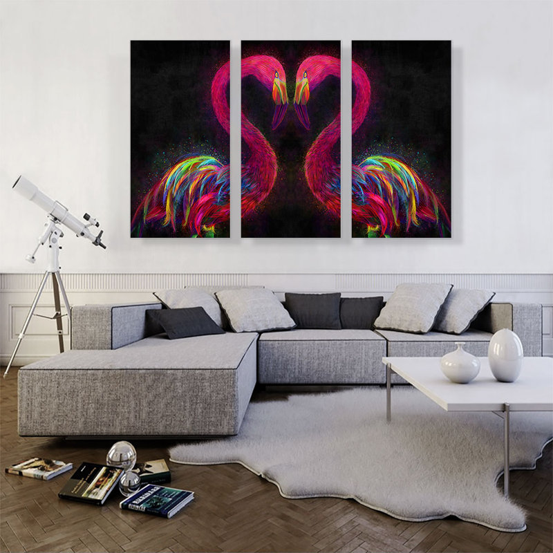 Deux flamants roses aiment les amoureux du cœur - ensemble de 3 impressions sur toile tendue, H 40 po x l 60 po x P 0,75 po