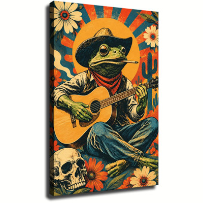 Cowboy Frog Playing Guitar Skull Vintage Engraving Canvas Wall Art