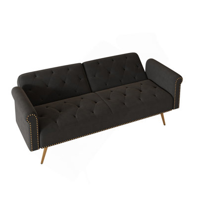 A 69.7-Inch-Long Sofa Bed Covered In Black Velvet Fabric, Featuring Nail Head Trim And Accompanied By A Matching Throw Pillow