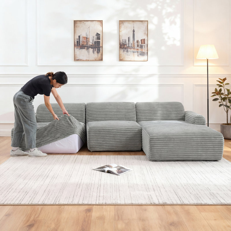 Canapés modulaires peu encombrants, revêtement en velours côtelé gris antique, salon