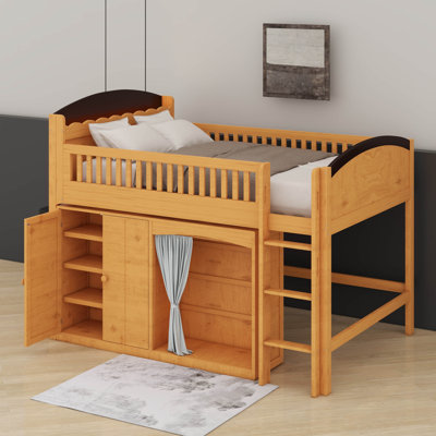Wooden Loft Bed With LED Headboard & Wardrobe & Storage Cabinet, Loft Bed Frame With Safety Guardrails