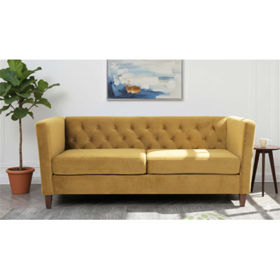 Button Tufted Velvet 3-Seater Sofa, Square Arm Upholstered Couch with Tapered Wood Legs, Mid-Century Modern Design for Living Room