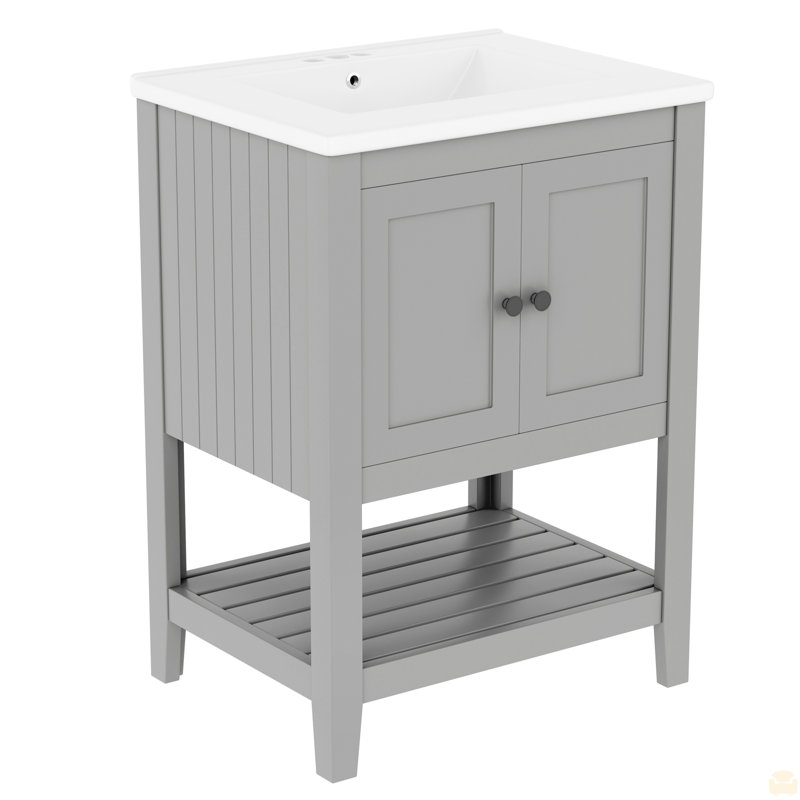 Lavabo de salle de bain élégant en céramique 24 po avec tablette ouverte en bois massif, Gris