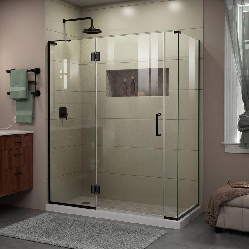 Unidoor-X 58" x 72" Frameless Rectangle Hinged Shower Enclosure, Matte Black, Right Side