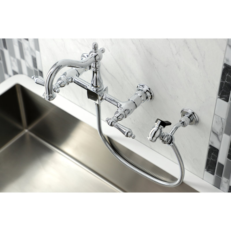 Kingston Brass Heritage Double-Handle 3-Hole Wall-Mount Bridge Kitchen Faucet with Brass Sprayer, Chrome