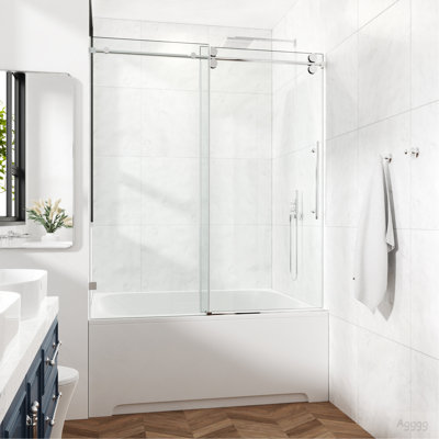66x76" Fixed & Sliding Shower Door, Round Tube Hardware, Round Tube Hardware, Clear Glass Shower Door, 3/8″ (10mm) SGCC Tempered Glass, Stainless Steel, Chrome