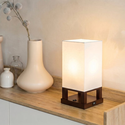 Maxwell 14 in. Oriental Inspired LED Bedside Table Lamp with Fabric Square Shade