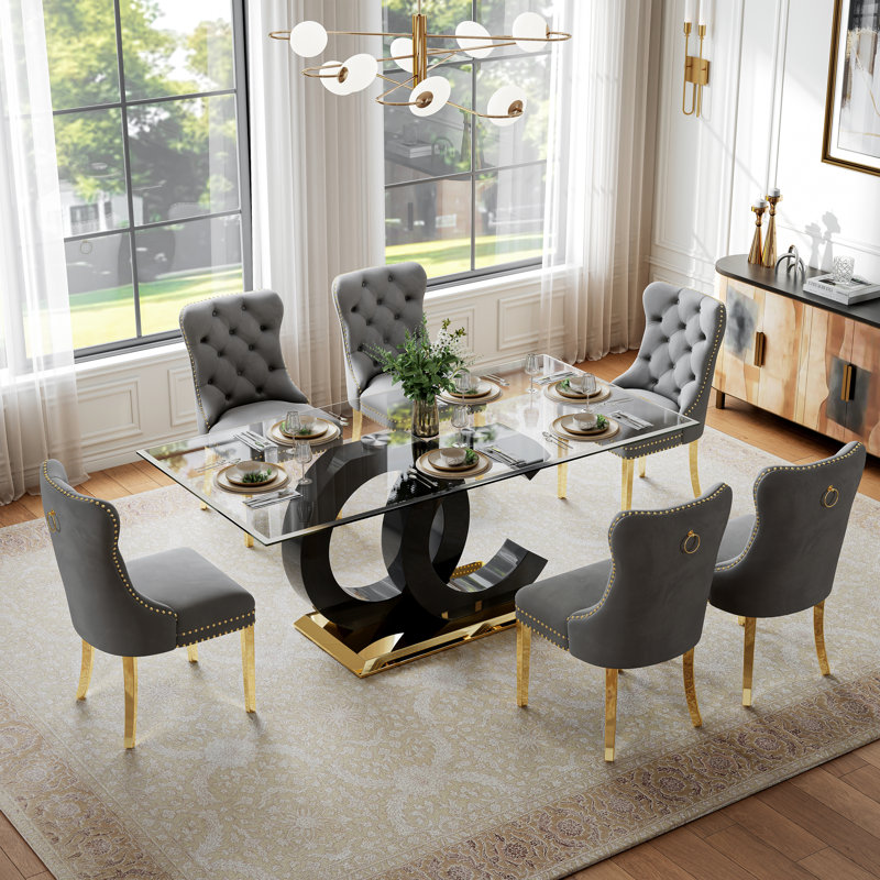 7-Piece Glass Dining Table Set, 70“ Clear Tempered Glass Table with OC-Shaped Base and 6 Tufted Velvet Dining Chairs