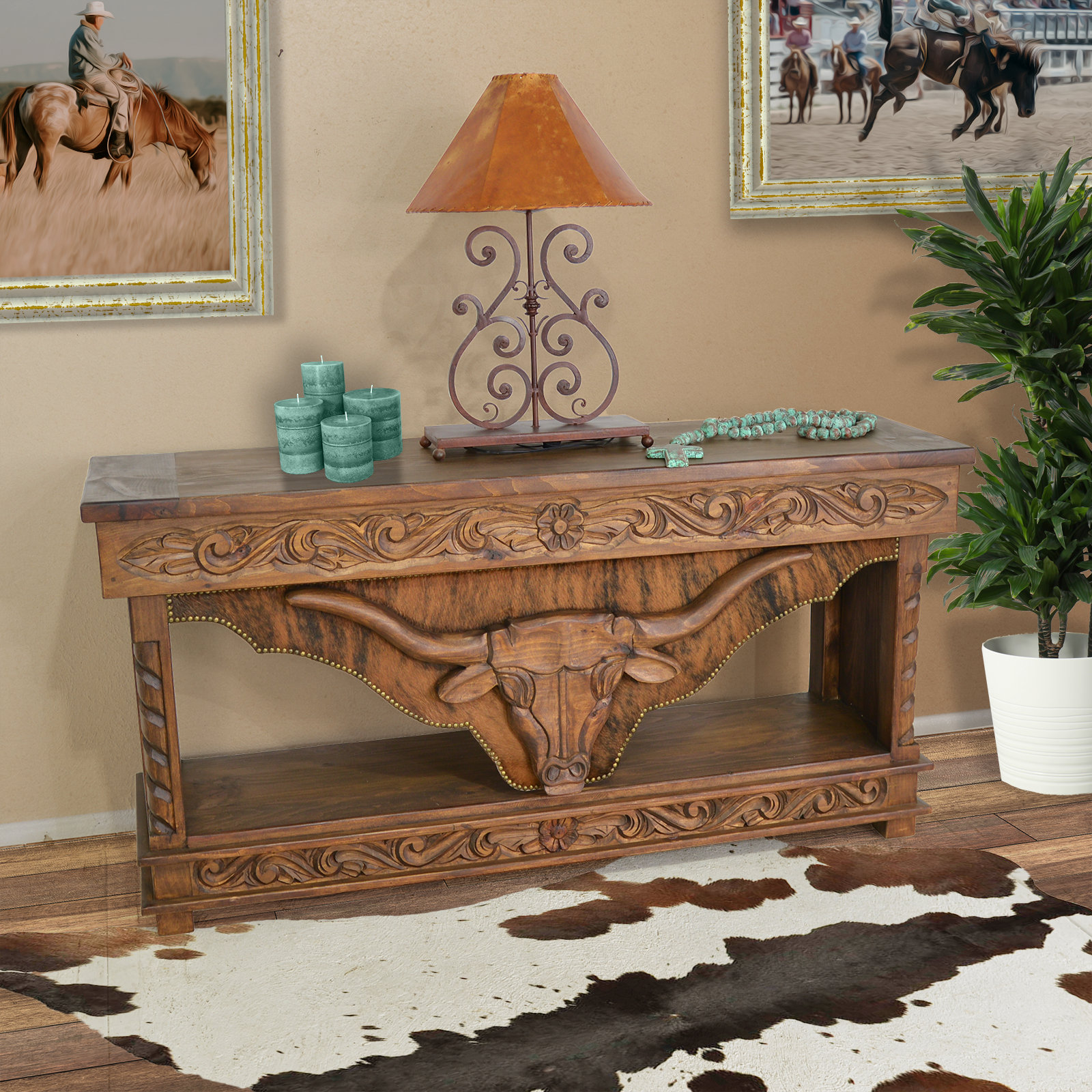 LMT Design LIFT TOP HAND-CARVED LONGHORN CONSOLE, SUITABLE AS A GUN ...