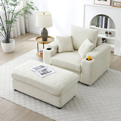 Oversized Accent Chair With Ottoman, Single Sofa Chair With Large Seat And Extra Wide Armrests, Modern Comfy Armchair Reading Chairs For Bedroom Living Room,BLUE