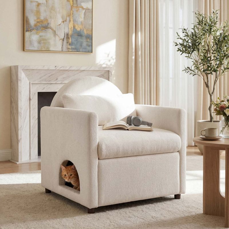 Fauteuil d'appoint pour animaux de compagnie avec coin pour animaux caché et pieds en bois d'acacia, Beige