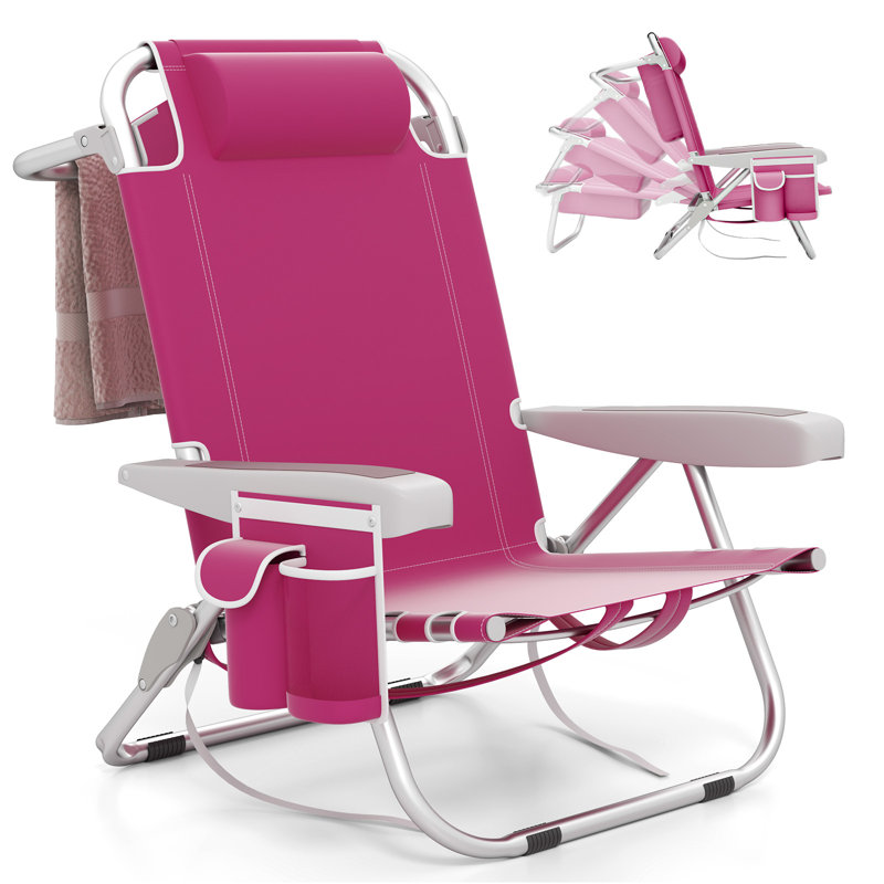 Aluminum Lightweight Portable Folding Beach Chair With Headrest And Cup Holder, Pink