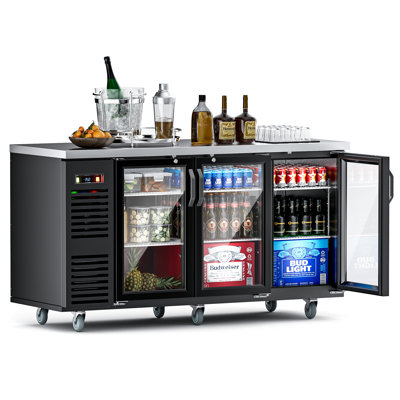 Coolake 24.2 Cu.ft. 3 Glass Doors Commercial Back Bar Cooler, 72” Stainless Steel Top Counter Height Back Beverage Refrigerator, Left Side Compressor Back Bar Refrigerator For Brews Ales Garnishes