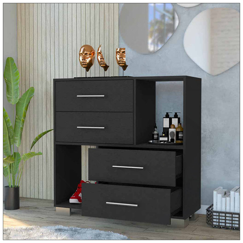 Commode Hetzs, quatre tiroirs, deux tablettes ouvertes, finition wengé noir