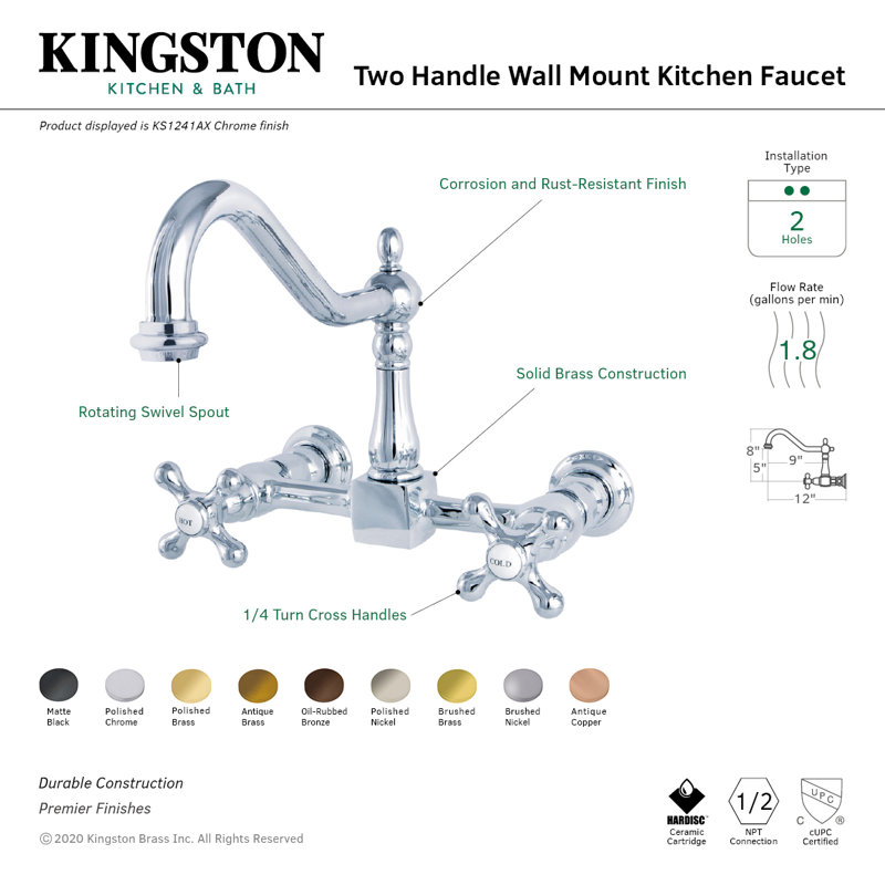 Kingston Brass Heritage Double-Handle Wall-Mount Bridge Kitchen Faucet, Without Side Spray, Oil Rubbed Bronze