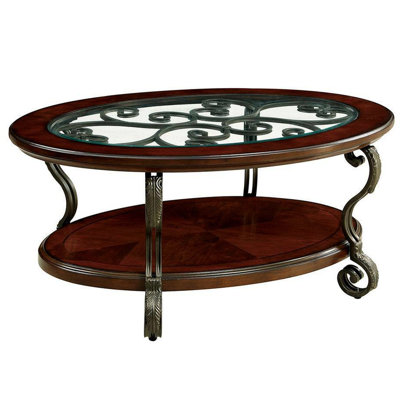 Contemporary Living Room Coffee Table With Wood And Metal Blend Classic Brown Cherry Finish Ornate Base