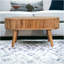 Table basse à rayures en bois, 2 tiroirs, pieds nordiques, brun clair