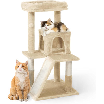 Tour pour chats pour chats d'intérieur, petit arbre à chat de 37 pouces avec perchoir élargi pour les grands chats et les chatons, arbre d'activité pour chats à plusieurs niveaux avec poteaux à griffes et rampe, beige